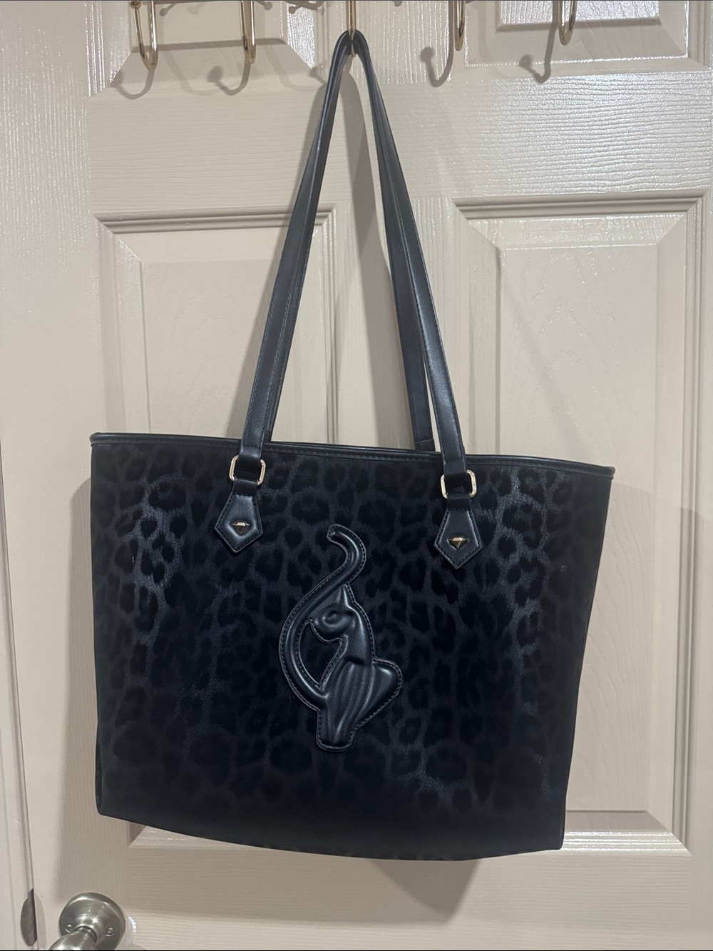 Black Leopard-Print Tote Bag with Embossed Detail